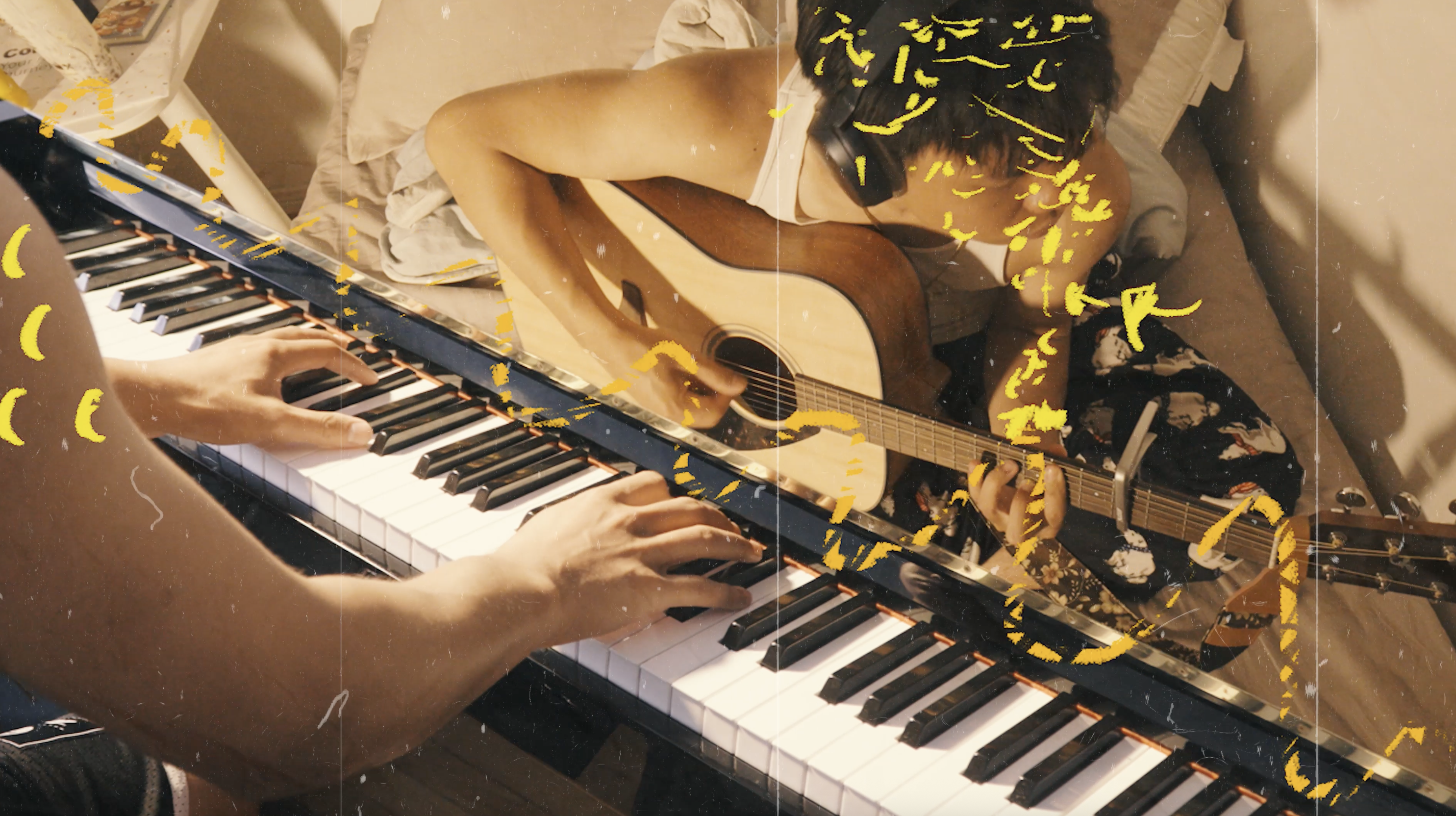 Warm mixed-media frame combining guitar, piano, hands, and yellow hand-drawn graphics